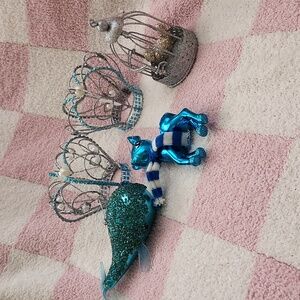 Bundle 5 Blue & Silver Ornaments Crowns Birdcage Whale Reindeer Christmas